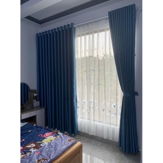 [ Cản nắng 100%] Rèm cửa may sẵn nhiều kích thước màu xanh đậm in hoa văn chìm sịn sò.