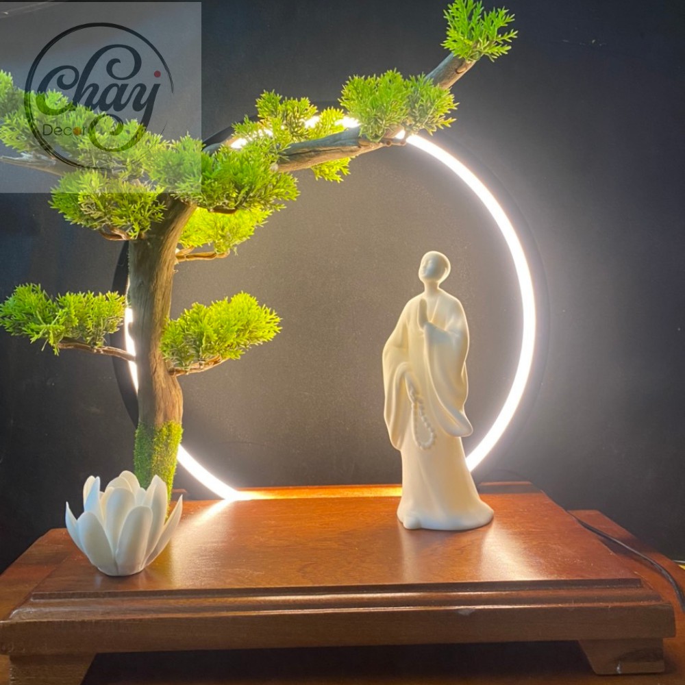 Tượng Vô Diện Bái Phật Kèm Đèn Led Hào Quang Trang Trí Tiểu Cảnh Hàng Đẹp - Chay Decor