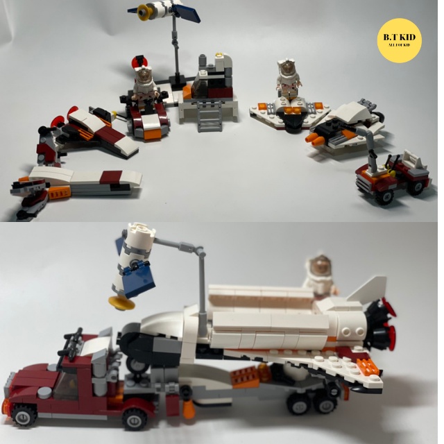 lego lắp ráp xe tải chở tàu du hành vũ trụ, 8 trong 1, bé vừa ghép được 8 tàu nhỏ và 2 xe lớn, phù hợp bé trên 6 tuổi
