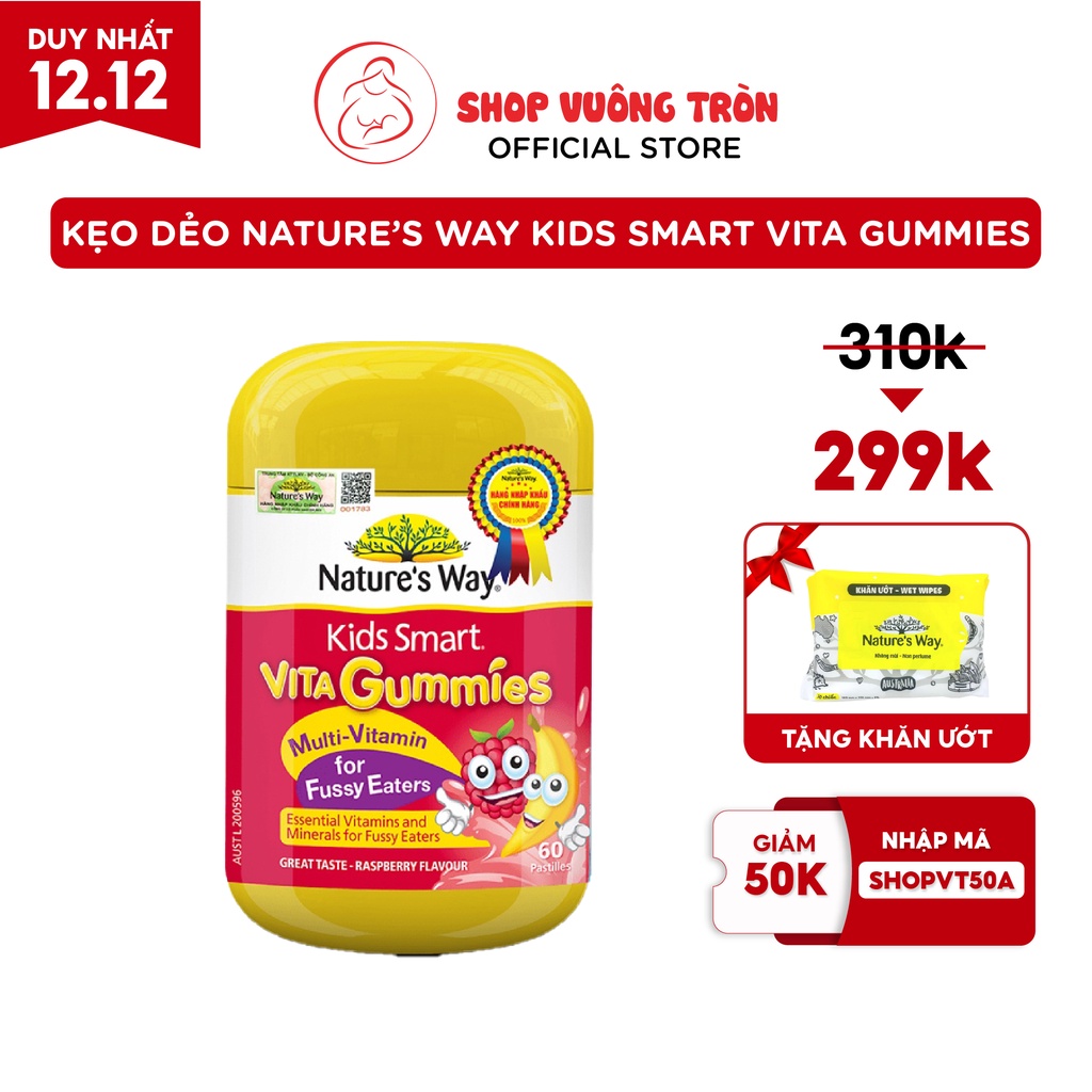 Kẹo Dẻo Cho Bé Nature's Way Kids Smart Vita Gummies Multi Vitamin for Fussy Eaters Kích Thích Ăn Ngon 60 Viên