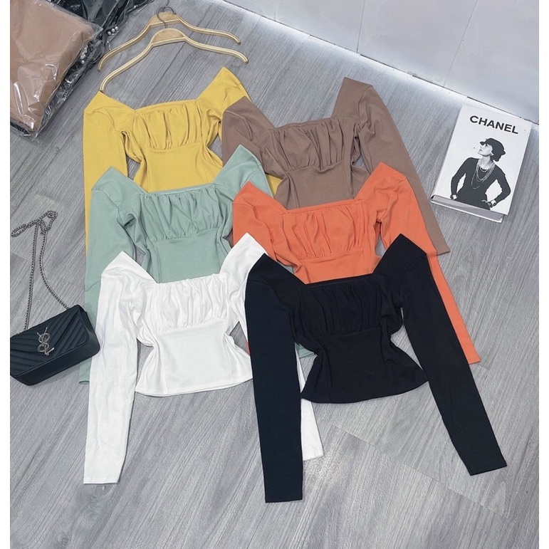 Áo thun body croptop tay dài nhún ngực