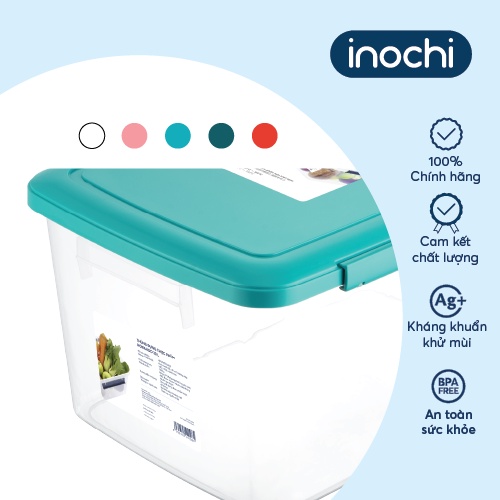 Thùng thực phẩm Inochi - Hokkaido 30L Thân Trắng trong+Nắp Xanh/Đỏ/Hồng/Trắng