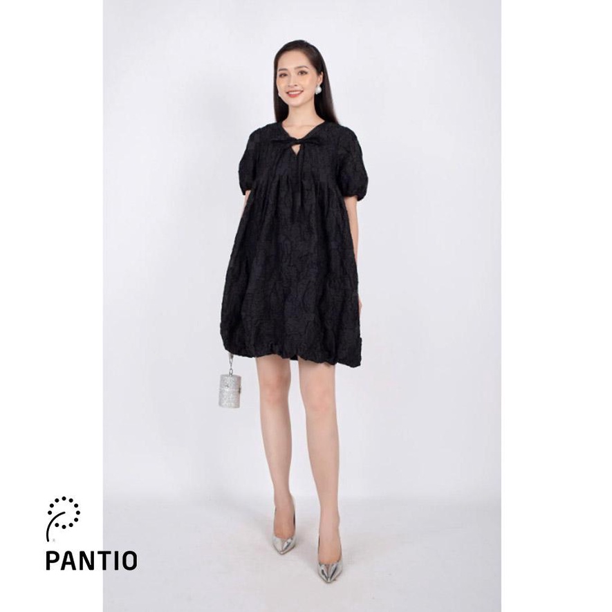 FDP32933 - Đầm dạo phố vải voan dáng xòe bom hai lớp tay nhún phồng cổ tim đính nơ - PANTIO