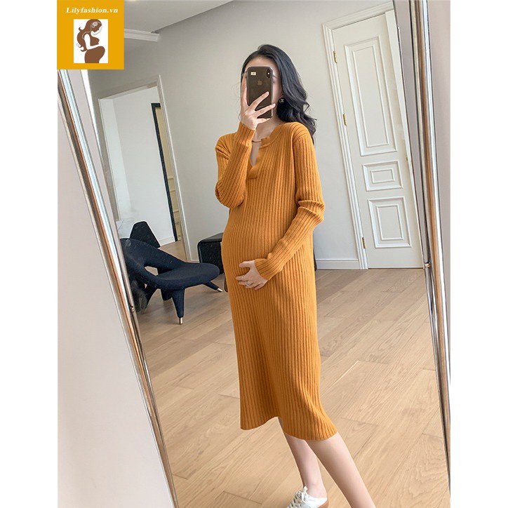 Váy đầm len suông bầu và sau sinh cổ V phong cách hàn quốc hiện đại trẻ trung cho mùa thu đông ấm áp cho mẹ bầu HT