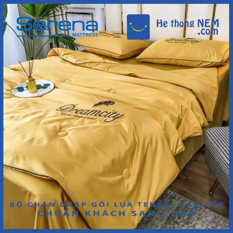 Ga Trải Giường 5 Món Phi Lụa Cotton SERENA Cao Cấp Dream City Vỏ Chăn Grap Drap Trải Phủ Bọc Giường Kèm Gối