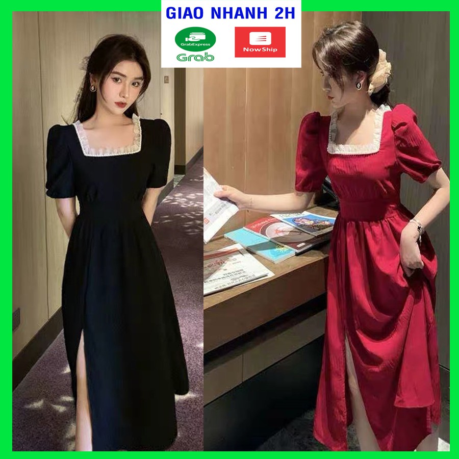 Đầm cổ vuông viền ren dự tiệc tay ngắn xinh đẹp dễ thương cho đi chơi, đi đám cưới cao cấp -- D70VDVDVDVD