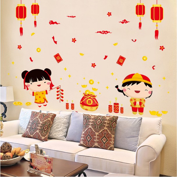 Decal trang trí tết - Trai Gái Hoạt hình mừng xuân tại lộc