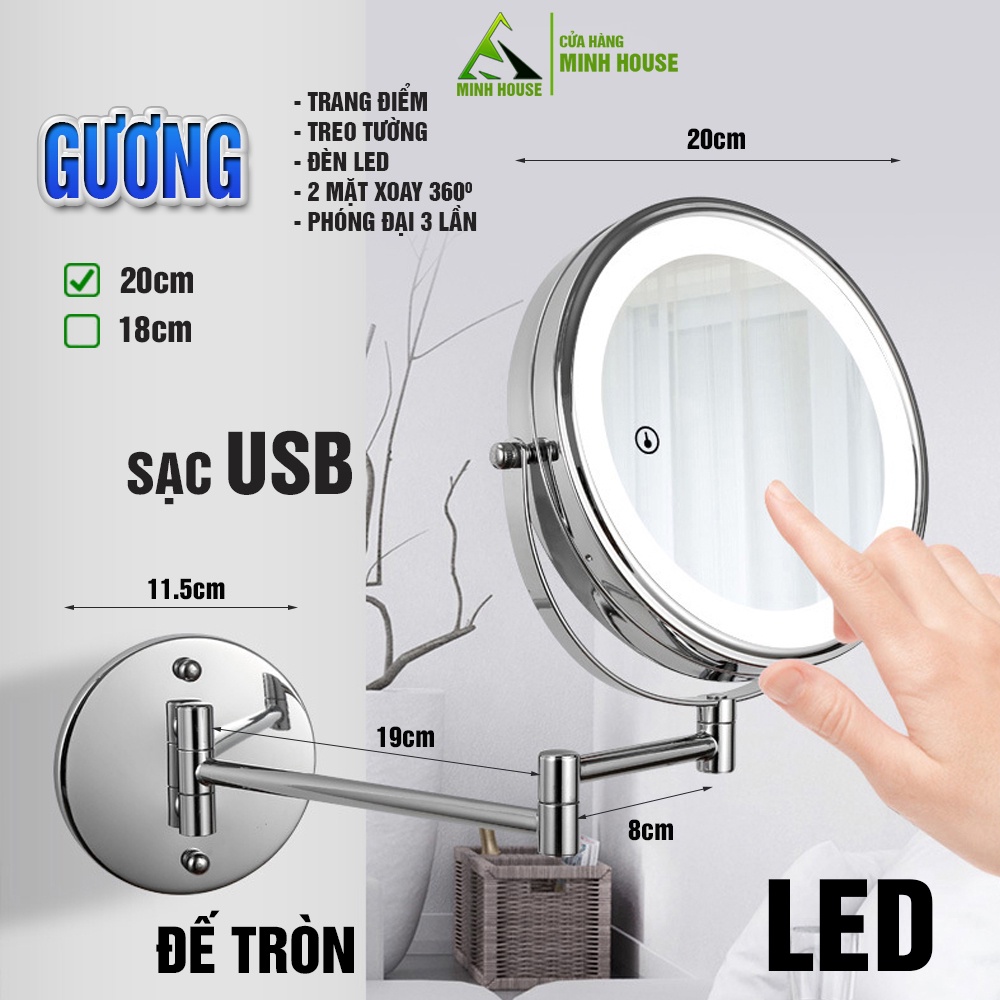 Gương trang điểm đèn LED phóng đại x3, xoay 360, 2 mặt, treo tường, đế tròn Minh House