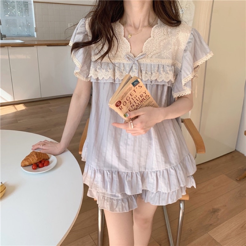 SET BỘ MẶC NHÀ BÁNH BÈO HỒNG REN TRẮNG rẻ nhất shopee