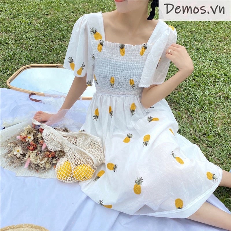 vải thô boi thêu hình quả dứa vàng siêu hot vải mềm mát thấm hút mồ hôi
