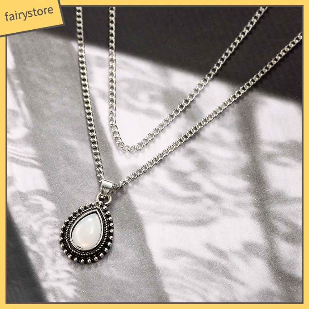 Dây chuyền thời trang hai lớp mặt đá opal hình giọt nước phong cách cổ điển sang trọng