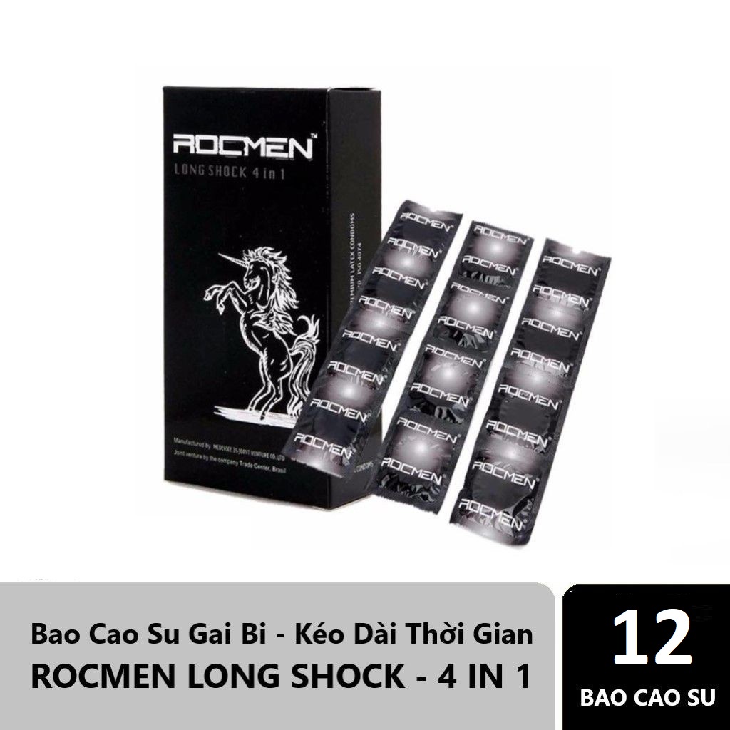 Hộp 12c bao cao su gân gai kéo dài thời gian ROCMEN đen