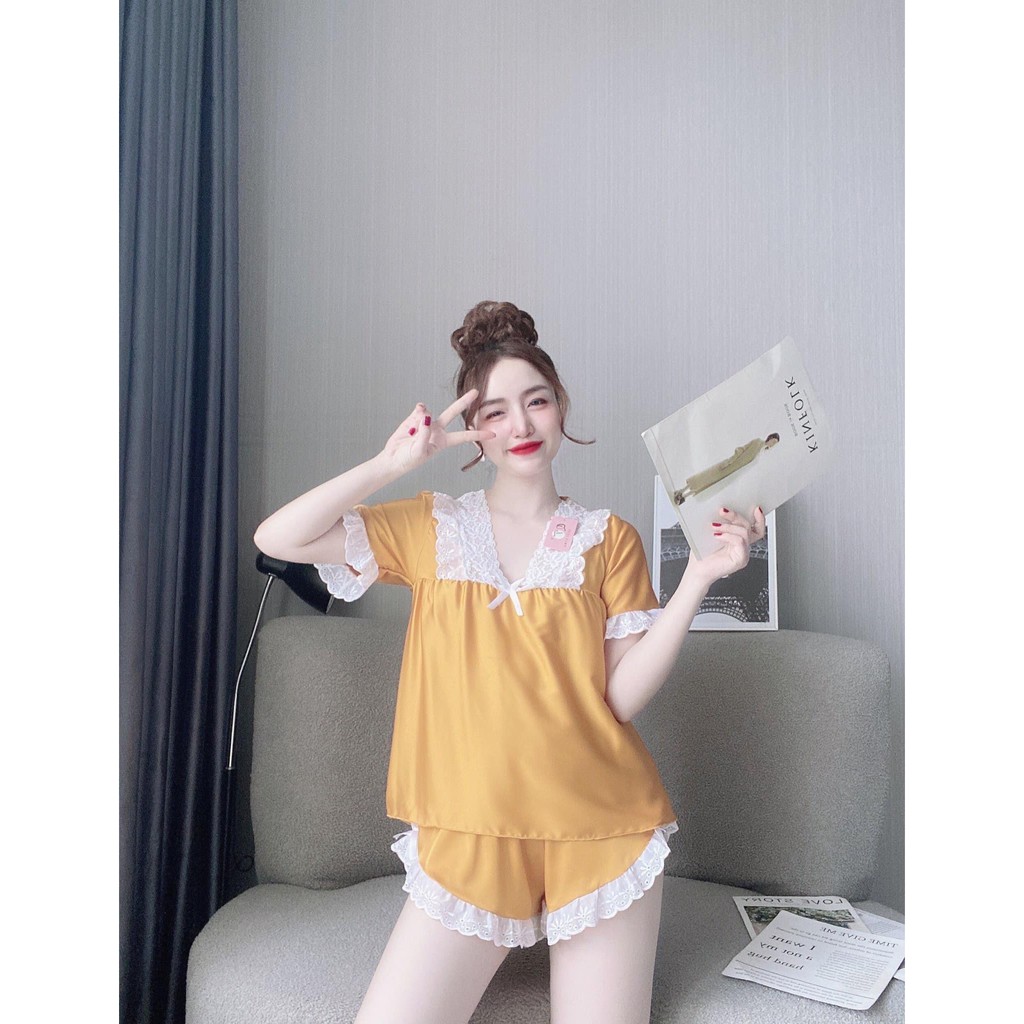 Bộ ngủ pijama tay ngắn - Đồ Bộ Áo Quần Ngắn Tay Cổ Phối Ren Nữ Tính [D30] | BigBuy360 - bigbuy360.vn