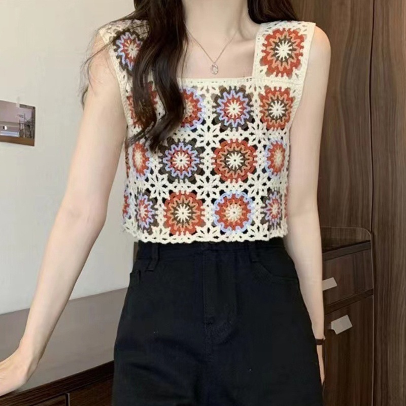 Áo Croptop Dệt Kim Không Tay In Họa Tiết Hoa Thời Trang Cho Nữ