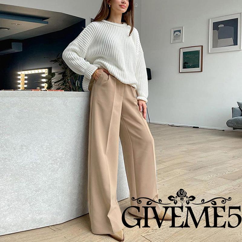 Quần ống rộng Lưng Cao Màu Sắc Đơn Giản Thời Trang Cho Nữ