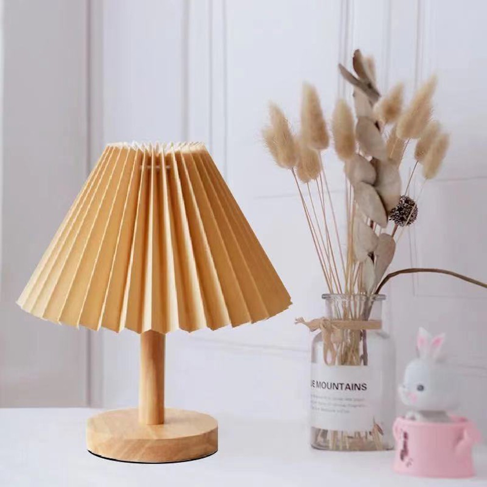 Nordic INS Pleated Table Lamp Bedroom Bedside Korean Creative Retro Bed Solid Wood Light Home Decor