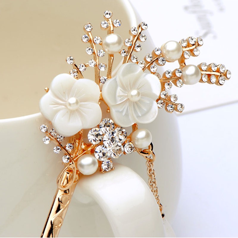 Trâm cài tóc hình hoa đính đá giả phối tua rua phong cách Trung Hoa thời trang cho nữ