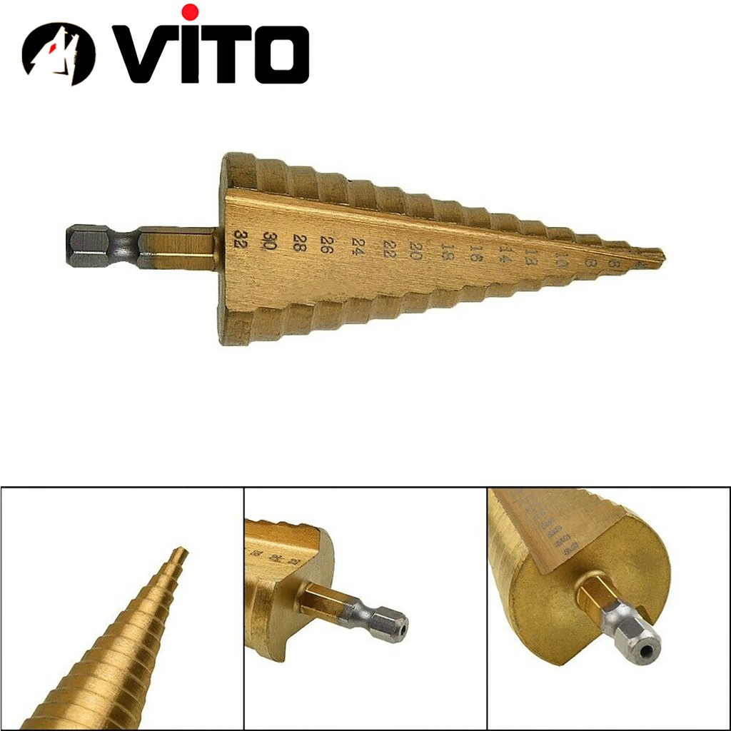 Bộ 3 Mũi Khoan Tháp VITO Chuôi Lục Giác Thép Gió HSS Mạ Titan 4-32mm Khoan Nhôm, Nhựa, Gỗ Túi Vải