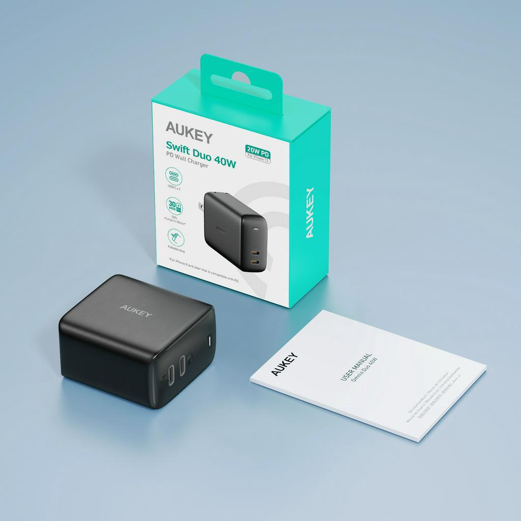 Củ sạc Nhanh AUKEY PA-R2S đôi PD 20W+20W Omnia™ Gan Type C Cho iPhone 14 13 12 11 X 8