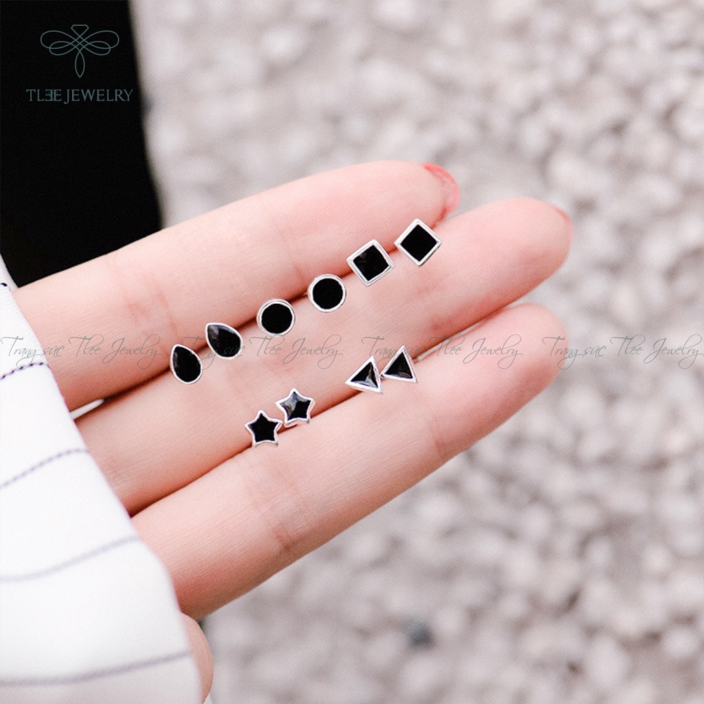 Khuyên tai bạc unisex TLEE bông tai hình khối đá đen cá tính NCJ B0181