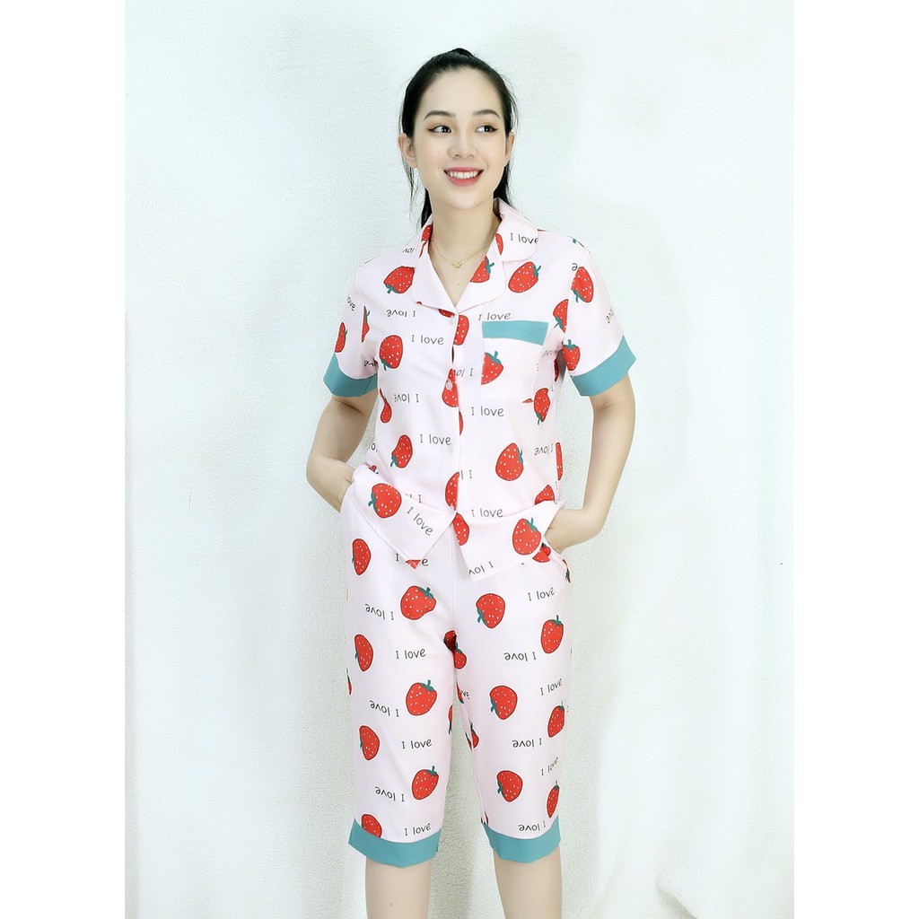 [HÌNH THẬT 100%] Bộ đồ Pijama nữ lửng họa tiết  NỀN HỒNG QUẢ DÂU ĐỎ - vải siêu lụa cao cấp - Cực Kì Sang Chảnh | BigBuy360 - bigbuy360.vn