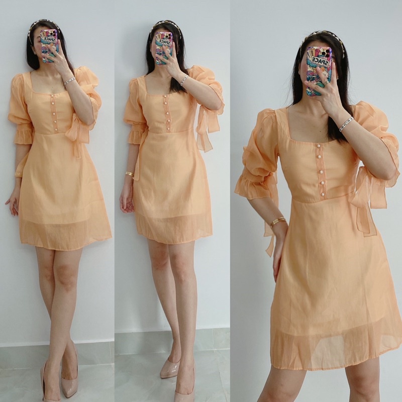 Đầm xoè cổ vuông tay lửng nơ 2 màu