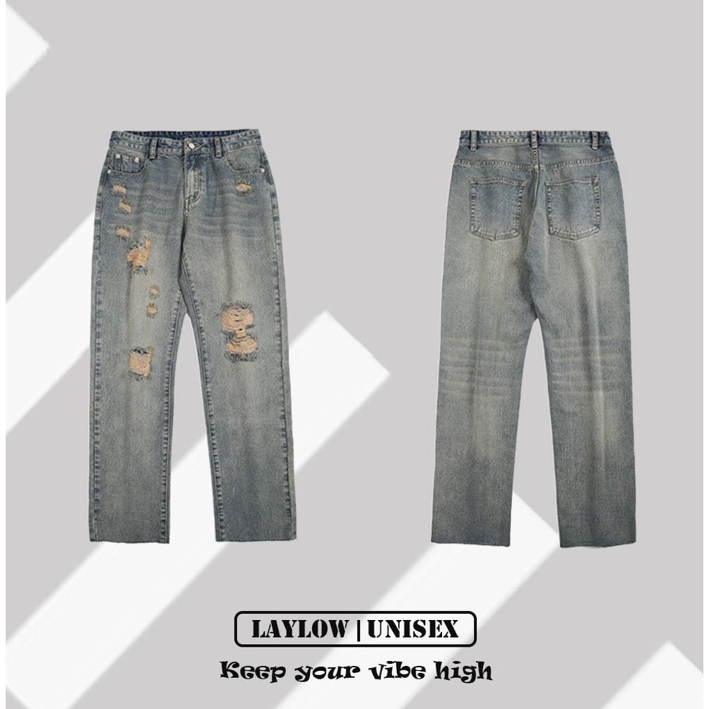 Quần Jean Nam Nữ Ống Suông Rộng Dài Rách Thời Trang Đường Phố Cao Cấp Lay Low Unisex