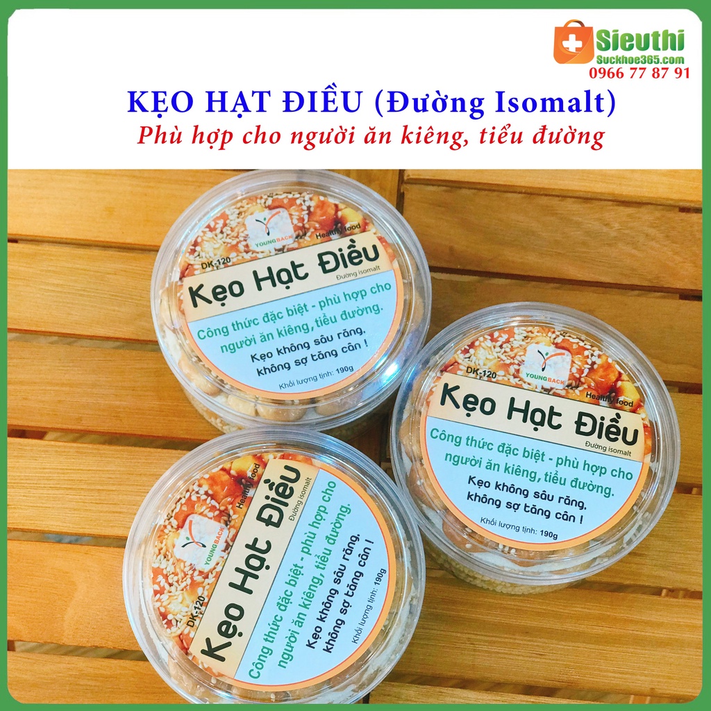 Kẹo hạt điều dành cho người tiểu đường, ăn kiêng, kẹo dinh dưỡng hộp 190g Siêu Thị Sức Khoẻ 365