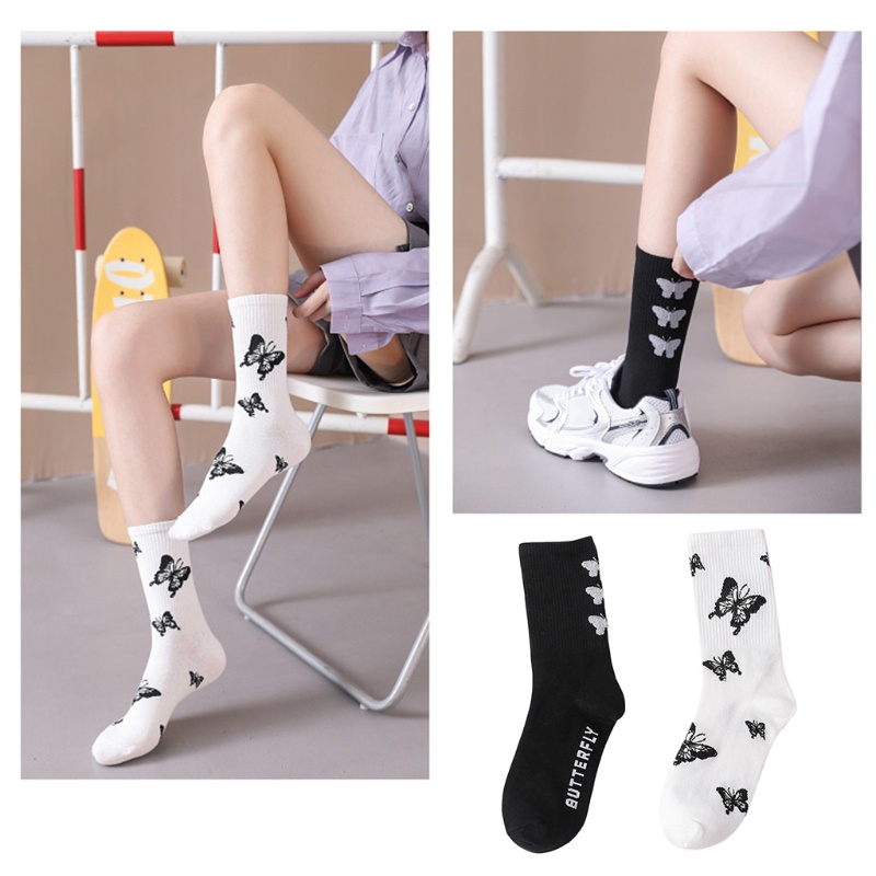 Vớ cotton ống vừa in hình bướm màu đen trắng phong cách Nhật Bản Harajuku Hip Hop thời trang đường phố cho nữ