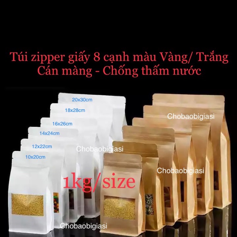 {1Kg/Size} Túi Zip 8 Cạnh Giấy Màu Vàng/Trắng Đáy Vuông Cán Màng - Chống Thấm Nước Sang Trọng, Hàng Đẹp (Sp Y Hình)