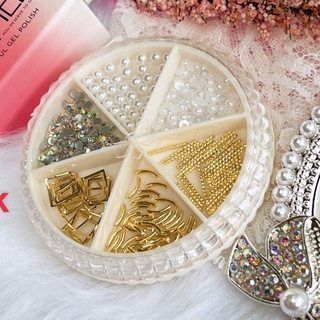 Set charm trang trí móng khay tròn 6 ngăn Mix Size