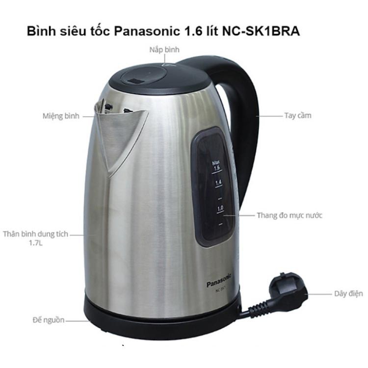 Ấm điện đun nước siêu tốc Panasonic NC-SK1BRA dung tích 1.6 lít - Hàng chính hãng, bảo hành 12 tháng