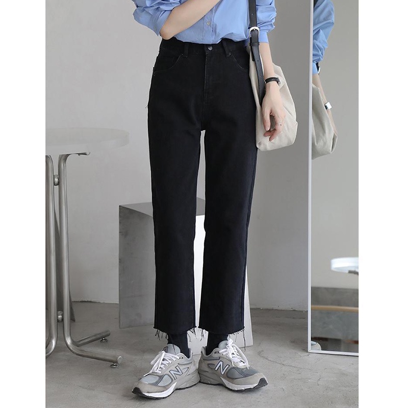 IELGY Quần Jean Nữ Cạp Cao Ống Đứng Màu Đen Dễ Phối Đồ Phong Cách Hàn Quốc