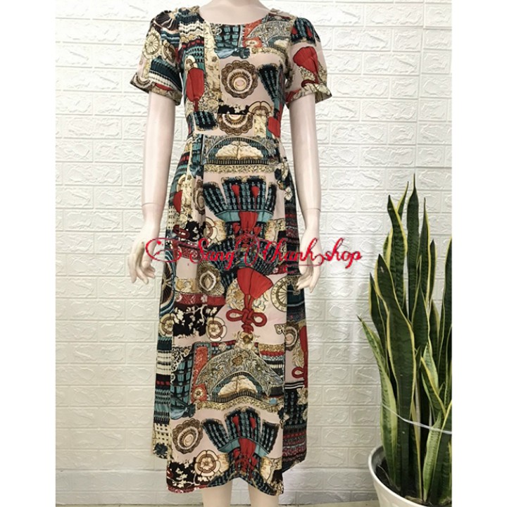 Đầm Xoè Vintage Hoạ Tiết Cổ Tròn| Váy Đầm Dáng Xòe Xinh Xắn