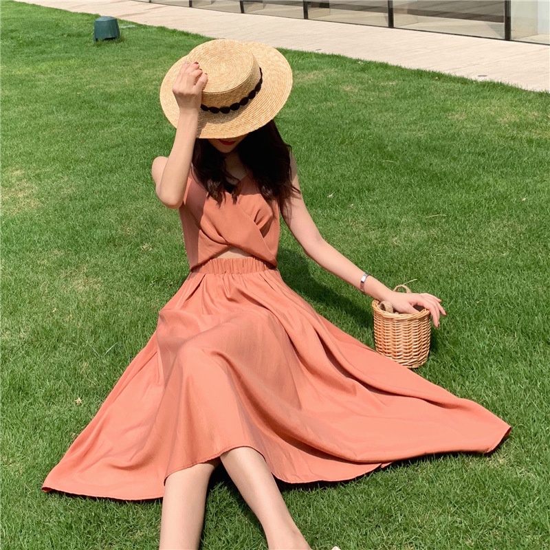 IELGYÁo Đầm Lửng Không Tay Cổ Chữ V Màu Trơn Có Khóa Kéo Thời Trang Cho Nữ