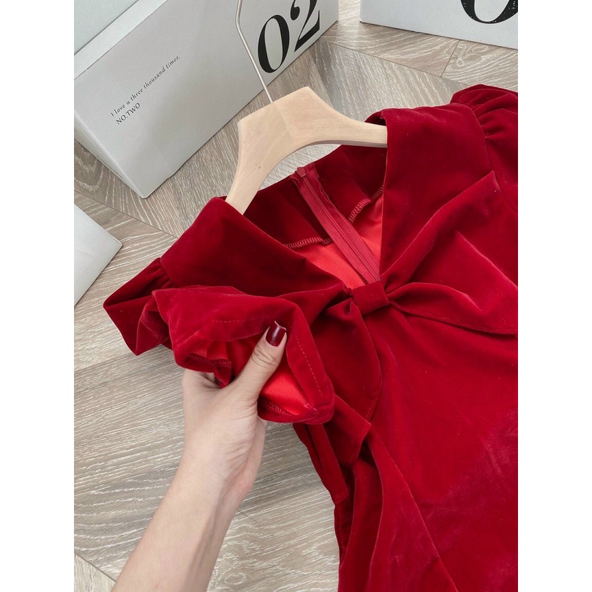 Váy nhung đỏ, đầm tiểu thư cổ v phối nơ ngực cực xinh chất nhung cao cấp mềm mại ấm áp cho mùa noel Tây Thi Shop | BigBuy360 - bigbuy360.vn