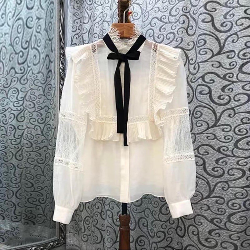 Áo sơmi viền bèo cổ nơ