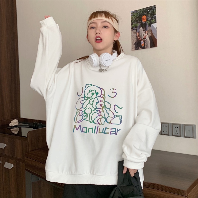 ZHELIHANGFEI Áo Sweater Tay Dài Cổ Tròn Form Rộng Họa Tiết In Theo Phong Cách Preppy Dễ Phối Đồ