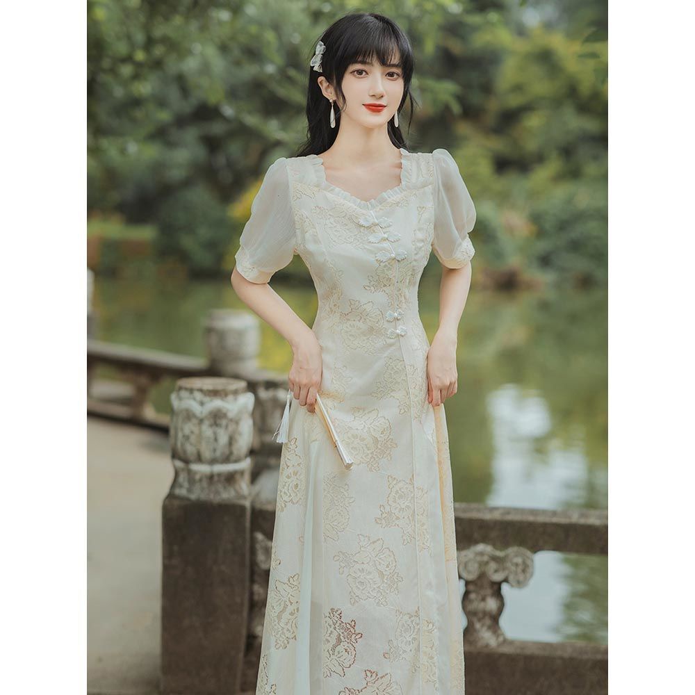 Đầm Sườn Xám Cách Tân Cổ Vuông Phong Cách Retro Pháp