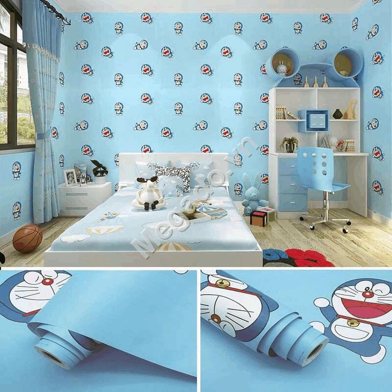 10M Giấy Dán Tường Họa Tiết doreamon Xanh sẵn keo - khổ 0.45m