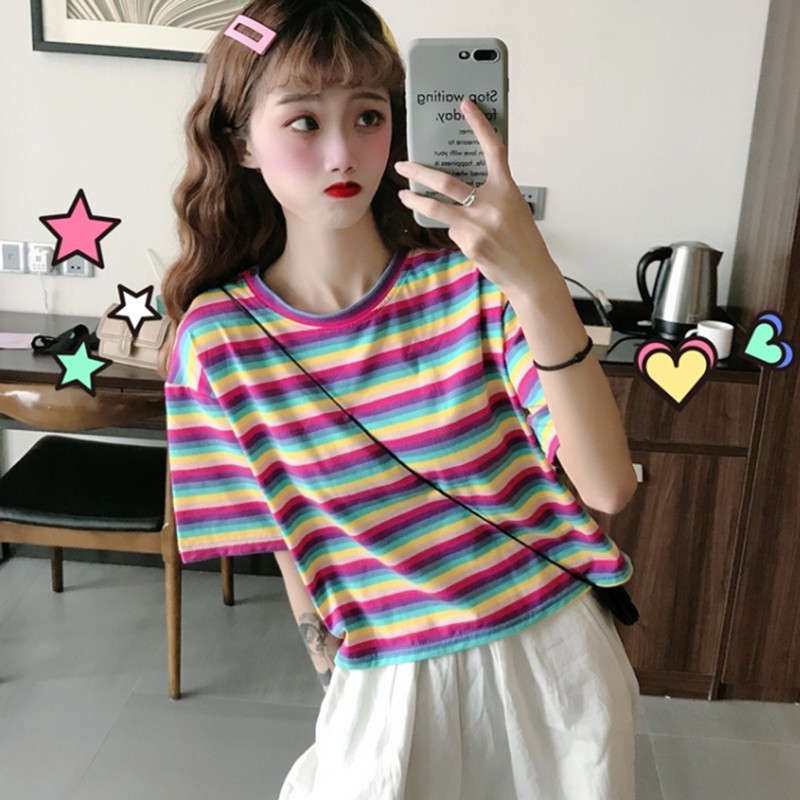 Áo Thun Lửng Tay Ngắn Kẻ Sọc Cầu Vồng Thời Trang Cho Nữ