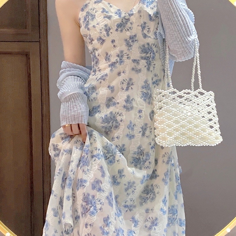 Set váy hai dây voan màu hoa xanh suông dài gợi cảm vintage+ Áo cardigan dài tay mỏng mùa thu