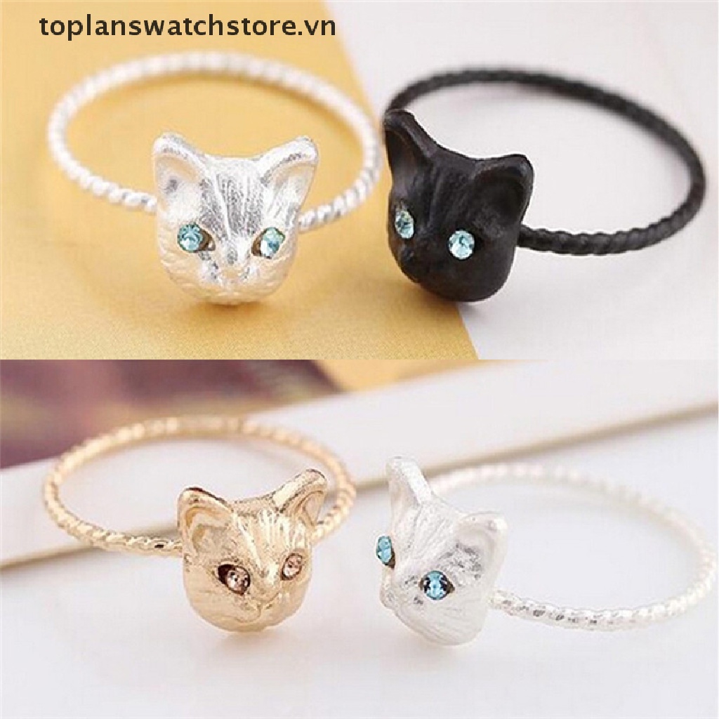 1 Nhẫn Mini Hình Mèo Đính Đá Màu Đen / Vàng / Bạc