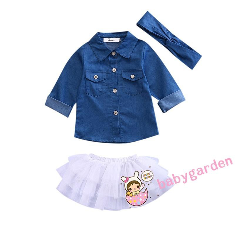 ღ♛ღCasual Kids Baby Girls Denim Tops Shirt+Tutu Skirts Cake Dress 3pcs Outfits Set