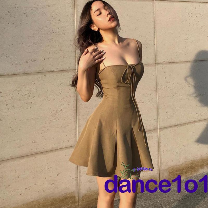 Đầm Váy Nâu Tây Cúp Ngực 2 Dây Chít Li Eo Có Sẳn Mút Ngực