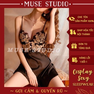 Váy đầm ngủ hai dây sexy phối ren nổi ngực sang trọng quyến rũ vải lụa satin cao cấp