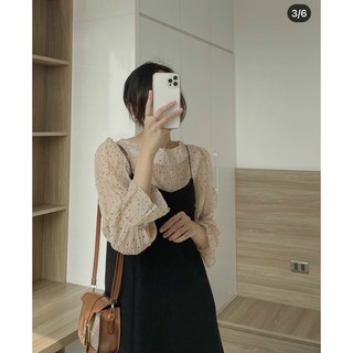 Set áo nude chấm bi + yếm 2d đen