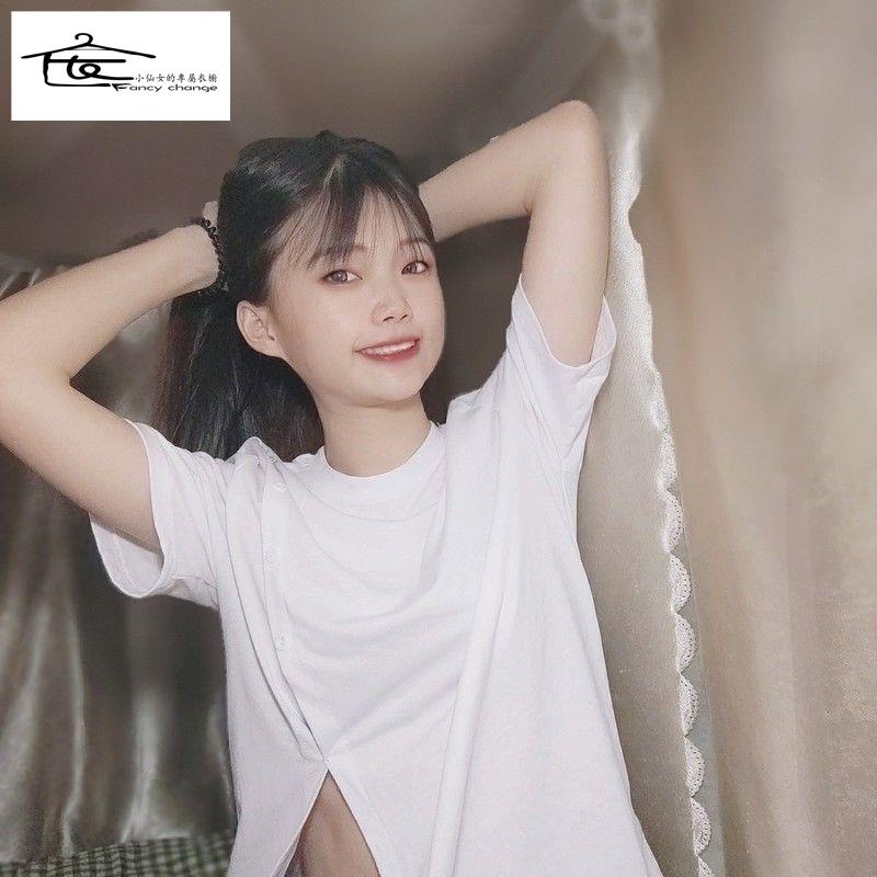 Giảm Giá Đặc Biệt ~ Áo Thun Tay Ngắn Dáng Rộng Xẻ Tà Thoải Mái Phong Cách Harajuku Mùa Hè Cho Nữ @ -