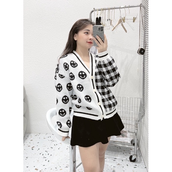 Áo khoác cardigan nữ YUNA lông thỏ dáng rộng hoạ tiết mặt cười viền đen  phong cách Hàn Quốc, thời trang nữ YUNA_AK002