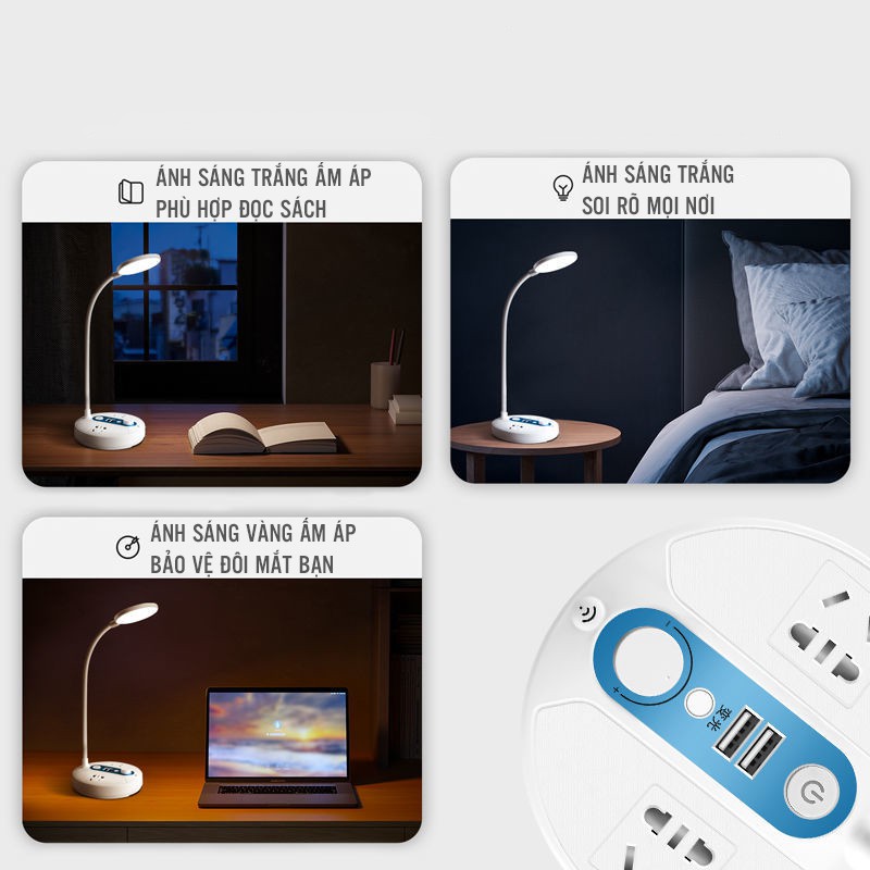 Đèn Led Để Bàn Sạc Pin Tích Hợp 2 Đầu Ra USB Và 2 Ổ Cắm Điện Có Công Tắc Điều Chỉnh Ánh Sáng DZ-034
